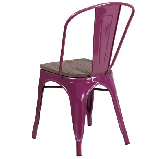 Merrick Lane Calumet Metal Stacking Chair with Curved, Slatted Back and Rustic Wood Seat Purple {3}