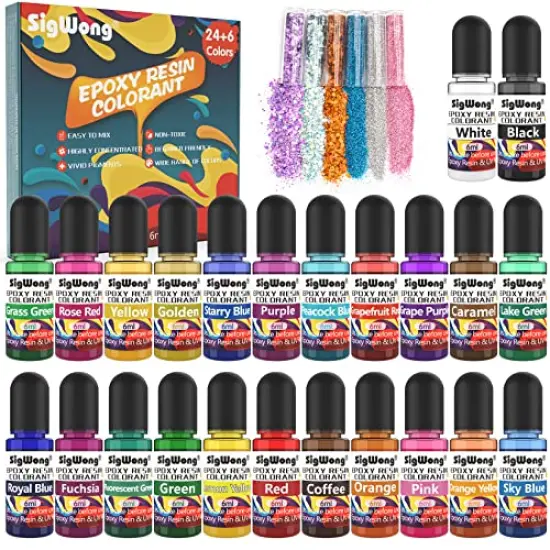 Epoxy Resin Pigment - 24 Colors Liquid Translucent Epoxy Resin Colorant, Highly Concentrated Dye for DIY Jewelry Making, Paint, Craft - 6ml Each, with 6 Colors Resin Glitter {1}