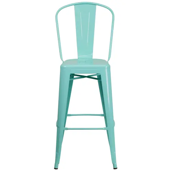 Merrick Lane Sabine Metal Indoor-Outdoor Barstool with Vertical Slat Back and Integrated Footrest Mint Green {3}