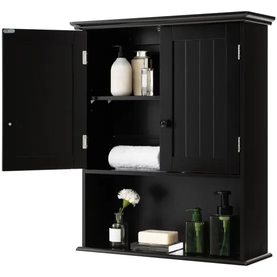 2-Door Wall Mount Bathroom Storage Cabinet with Open Shelf Black {4}