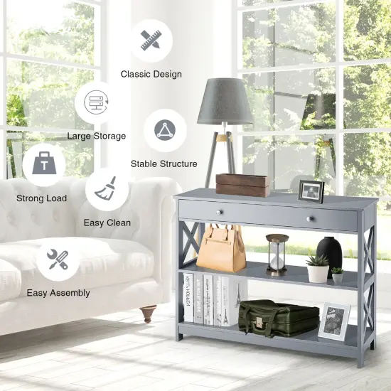 Console Table 3-Tier with Drawer and Storage Shelves Grey {3}