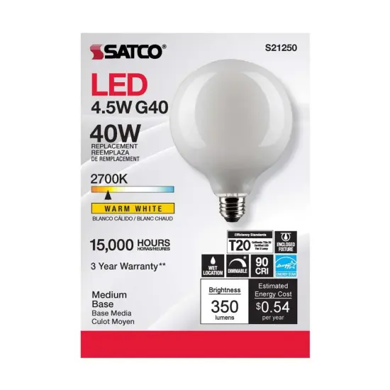 6Pk - Satco 4.5w G40 Globe LED 2700K E26 Medium Base White Dimmable - 40w equiv Warm White {4}