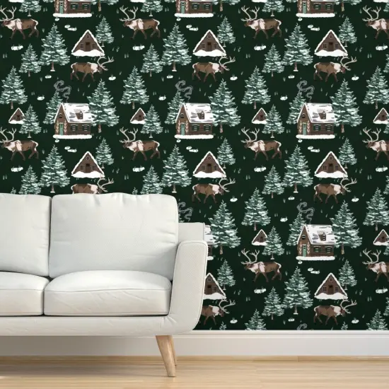 Peel & Stick Wallpaper 2FT Wide Green Cabin Winter Wonderland Christmas Reindeer Forest Cottage Snowy Alpine Holiday Cozy Chalets Custom Removable Wallpaper by Spoonflower {5}
