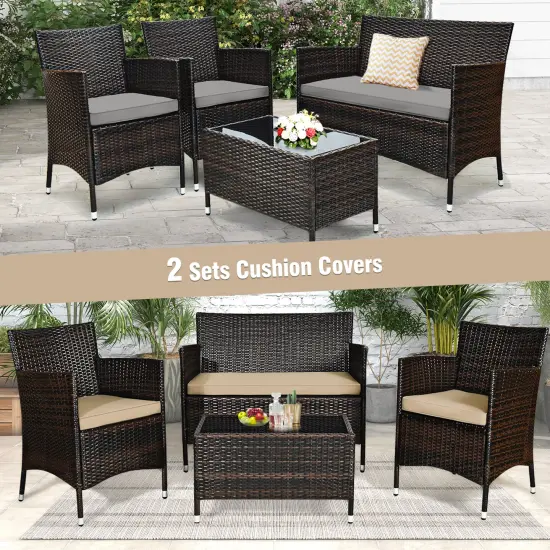 4 Pieces Comfortable Outdoor Rattan Sofa Set With Glass Coffee Table Grey and Beige {4}