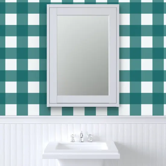 Peel & Stick Wallpaper 2FT Wide Teal Buffalo Check Large Scale Plaid Rustic Gingham Cabin Custom Removable Wallpaper by Spoonflower {6}