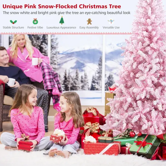 Costway 7.5FT Pre-Lit Snow Flocked Pink Christmas Tree 1100 Tips w/ 450 Lights & 8 Modes {6}