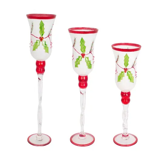 Melrose Set of 3 White and Red Glass Holly Candle Holders Christmas Decor 15.75" {1}