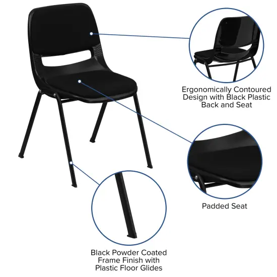 Emma and Oliver 880 lb. Capacity Padded Ergonomic Shell Stack Chair with Metal Frame Black {3}