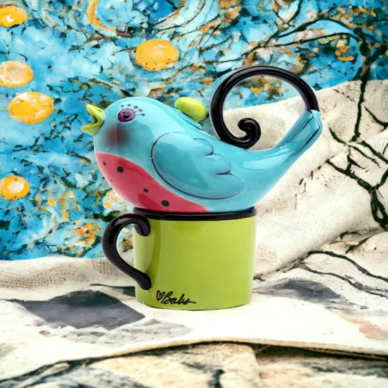 Ceramic Blue Bird Tea For One, Gift for Her, Gift for Mom, Birdwatcher, Kitchen Décor, Tea Party Décor, Café Décor, Spring Kitchen Decor {1}