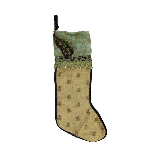 CC Christmas Decor 27" Tortilla Brown and Sage Green Embroidered Patina Jacquard Christmas Stocking {1}