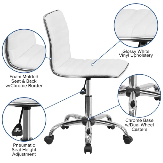 Merrick Lane Amelie Home Office Chair Ergonomic Executive Ribbed Low Back Armless Computer Desk Chair - Base, Frame & Border WhiteVinyl/Chrome {2}