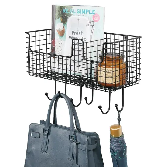 mDesign Metal Storage Organizer Basket with 6 Hooks - Wall Mount {1}