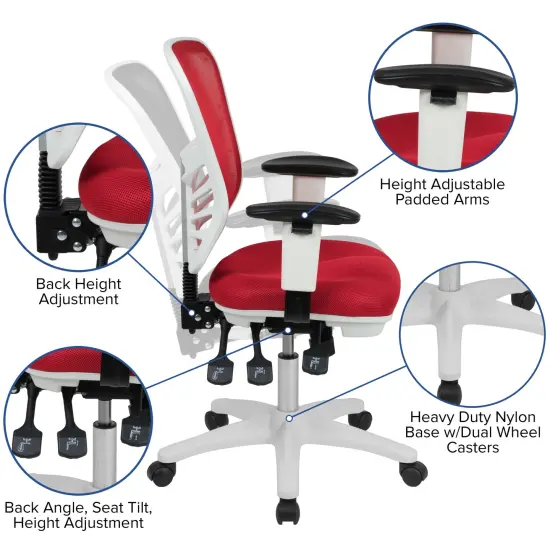 Emma and Oliver Mid-Back Mesh Triple Paddle Swivel Ergonomic Office Chair with Adjustable Arms Red Mesh/White Frame {2}