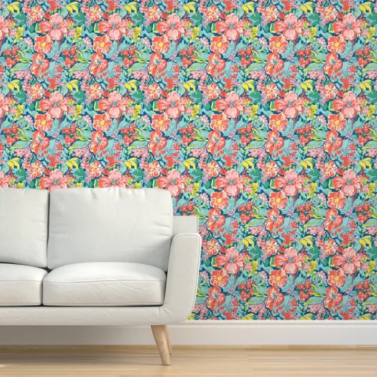 Peel & Stick Wallpaper 2FT Wide Tropical Florals Coral Flowers Island Hibiscus Pink Green Red Yellow Botanical Tropics Beach Colorful Custom Removable Wallpaper by Spoonflower {5}