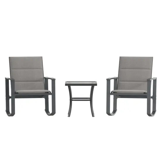 Merrick Lane Brevyn 3 Piece Outdoor Bistro Set with Flex Comfort Rocking Chairs and Steel Framed Glass Top Table Gray {3}
