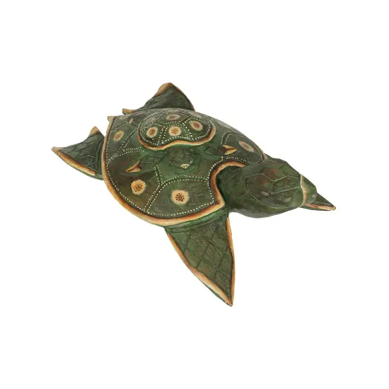 Green Finish Mother And Baby Turtle Hand Carved Wood Sculpture Home Decor Statue {3}