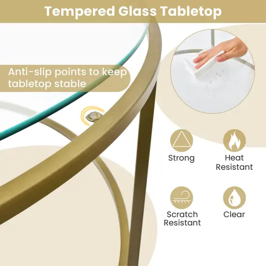 Costway 36'' Round Coffee Table Tempered Glass Tabletop Metal Frame Living Room Black/Golden {6}