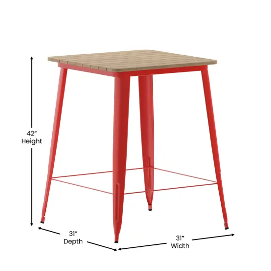 Merrick Lane Dryden Indoor/Outdoor Bar Top Table, 31.5" Square All Weather Poly Resin Top with Steel base Brown/Red {5}