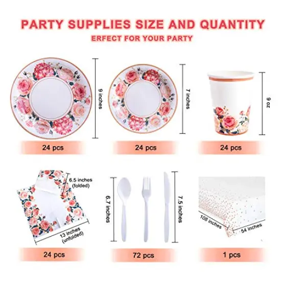 Floral Party Supplies, (Serves 24) Rose Flower Disposable Paper Plates Cups Napkin, Knives Spoons Forks, Tableware Sets for Baby Shower Birthday Bridal Shower Tea Mothers Day Decorations {6}
