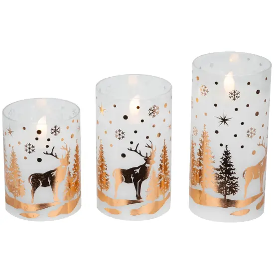 Northlight LED Flameless Flickering Woodland Glass Pillar Christmas Candles - 6" - Set of 3 White {5}