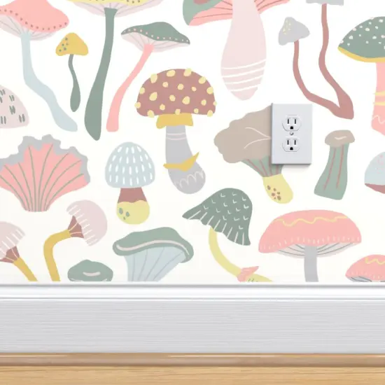 Pre-Pasted Wallpaper 2FT Wide Neutral Mushrooms Neutral Pink Green Kids Baby Nursery Gender Custom Pre-pasted Wallpaper by Spoonflower {4}
