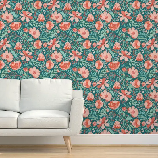 Peel & Stick Wallpaper 2FT Wide Coral Chintz Blue Green Pink Jumbo Scale Magnolia Flower Botanical Garden Custom Removable Wallpaper by Spoonflower {5}
