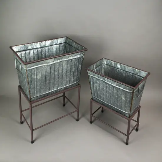 Set of 2 Galvanized Zinc Finish Metal Tub Planters On Stands {4}