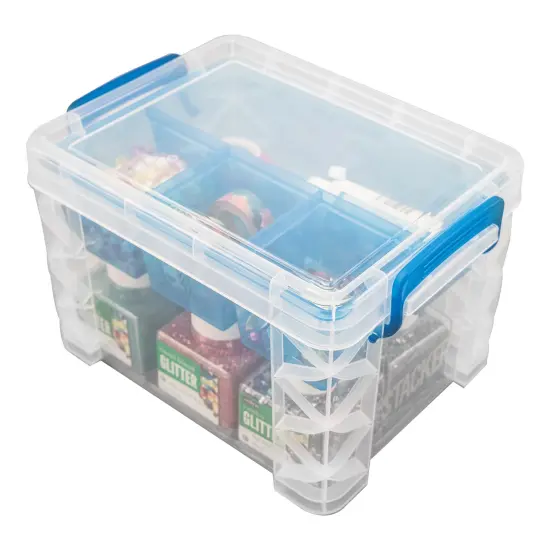Storage Studios Super Stacker Divided Storage Box-6.38"X7.25"X10.88 Clear/Blue Handles {5}