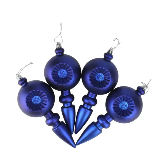DAK 4ct Matte Royal Blue Retro Reflector Shatterproof Christmas Finial Ornaments 7.5" {3}