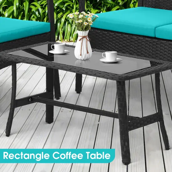 4 Pieces Outdoor Rattan Conversation Set with Tempered Glass Coffee Table Black And Turquoise {2}