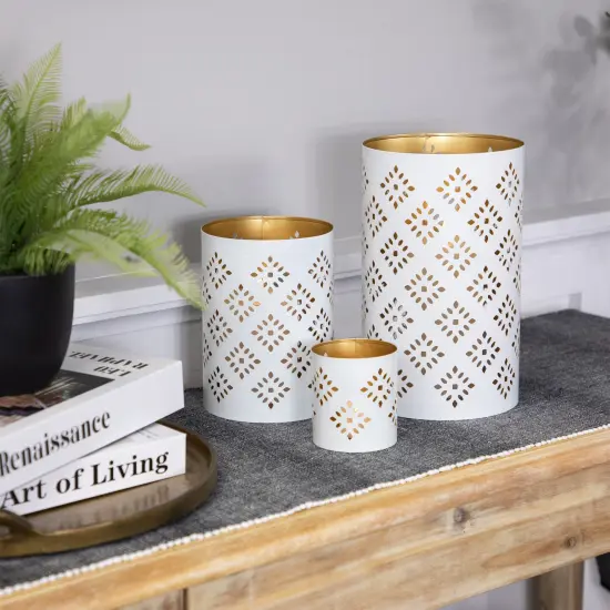 Northlight Laser-Cut Diamond Pattern Iron Candle Holders - 10" - White and Gold Finish - Set of 3 {4}