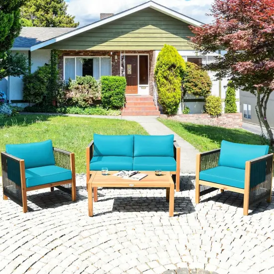 4 Pcs Acacia Wood Outdoor Patio Furniture Set with Cushions Turquoise {6}