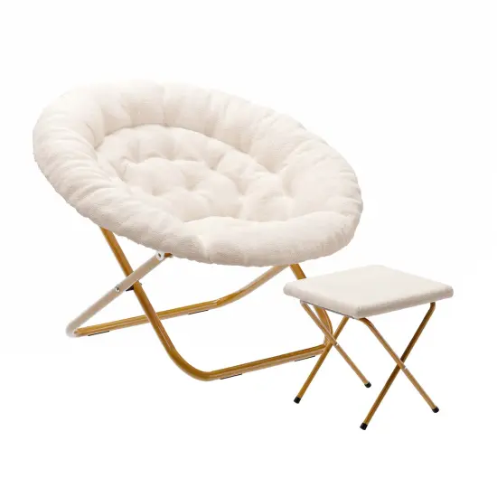 Emma and Oliver Ersa Oversize Folding Saucer Moon Chair and Ottoman for Dorm and Bedroom with Steel Frames IvoryShearl/SoftGold {2}
