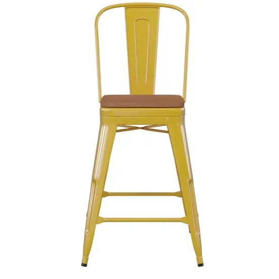 Emma and Oliver Kam Metal Indoor-Outdoor Stool with Removable Back and All-Weather Polystyrene Seat Yellow/Teak {3}