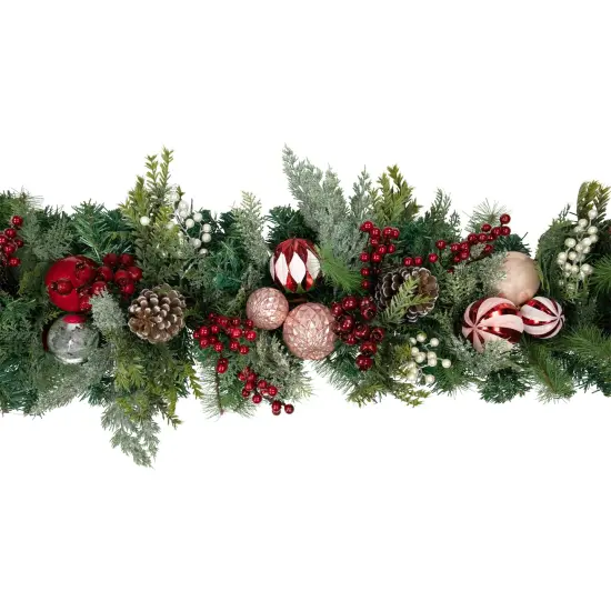 Northlight Pre-Decorated Ornaments and Pinecones Artificial Christmas Garland - 7' x 14" - Unlit Red {6}