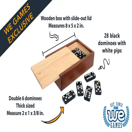 WE Games Double 6 Black Dominoes Game Set in Wooden Case {3}