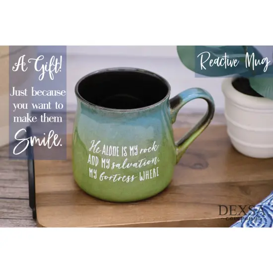 Dexsa Coffee Tea Soup Ceramic Mug | He alone is my rock and my salvation, my fortress where I will not be shaken Psalm 62:6 | 16 ounce Designer Mug with Inspiring Sentiment | Elegant Pottery Look {3}