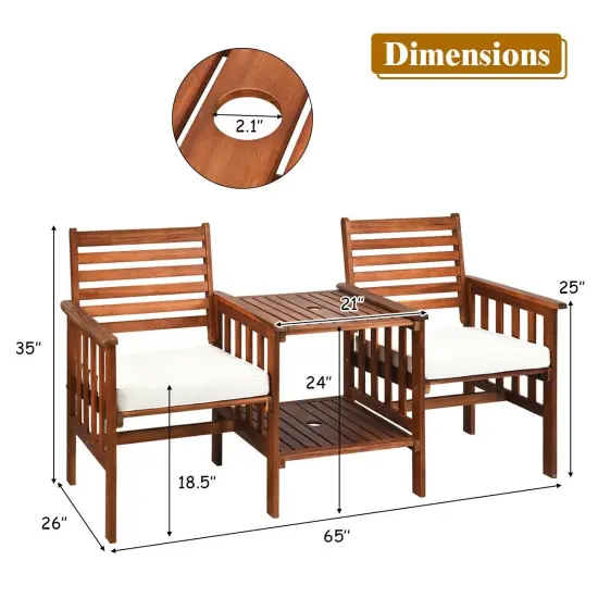 3 pcs Outdoor Patio Table Chairs Set Acacia Wood Loveseat White {5}