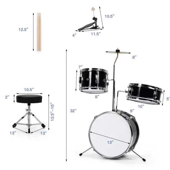 Junior Drum Set with 5 Drums Black {4}