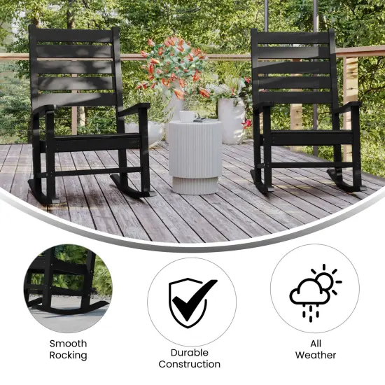 Merrick Lane Fielder Set of 2 Contemporary Rocking Chairs, All-Weather HDPE Indoor/Outdoor Rockers Black {4}