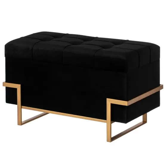 Rectangle Velvet Storage Ottoman Stool Box with Abstract Golden Legs | Decorative Sitting Bench for Living Room Home Decor with Unique Base Support Black Small {7}
