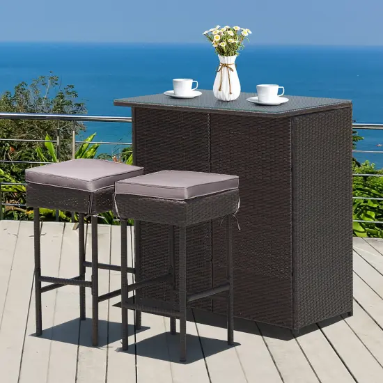 Costway Patio 3PCS Rattan Bar Table Stool Set Cushioned Chairs withCover {9}