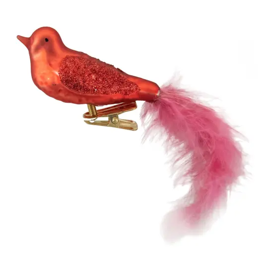 Northlight Glitter Winged Bird Clip On Glass Christmas Ornament - 5.5" - Orange Red and Pink {1}