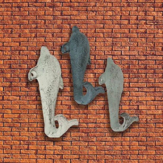 Set of 3 Colorful Coastal Cast Iron Dolphin Decorative Wall Hooks 5 inch {6}