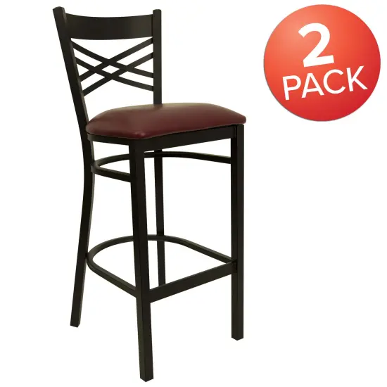 Emma and Oliver 2 Pack "X" Back Metal Restaurant Barstool BurgVYL/BlackMetal {5}