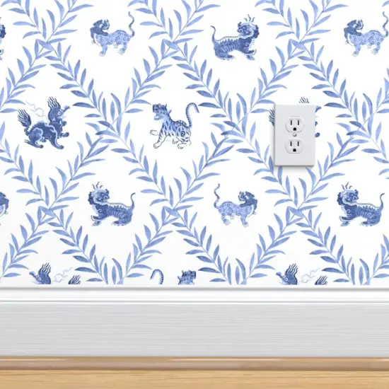 Pre-Pasted Wallpaper 2FT Wide Chinoiserie Blue And White Lattice Trellis Botanical Vines Diamond Custom Pre-pasted Wallpaper by Spoonflower {4}