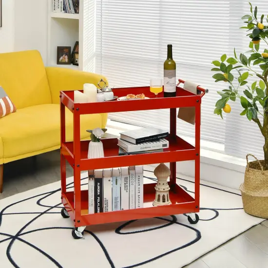 3-Tier Utility Cart Metal Mental Storage Service Trolley Red {2}