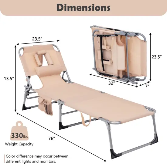 Folding Beach Lounge Chair with Pillow for Outdoor Beige {4}