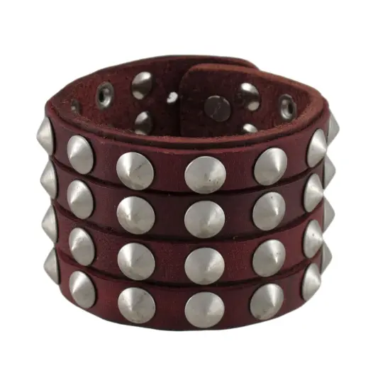 Brown Leather 4 Row Cone Spiked Wristband Wrist Band {1}