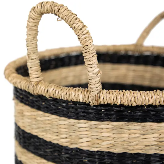 Northlight Set of 3 Khaki and Black Woven Seagrass Striped Storage Baskets with Handles 15.25" Beige {5}